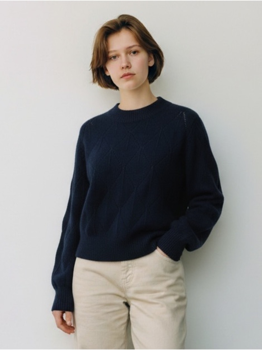 Elodie Bruno Pointelle Pullover Sweater. Diamond Pattern. Dark Blue. Small #642 - Picture 1 of 6